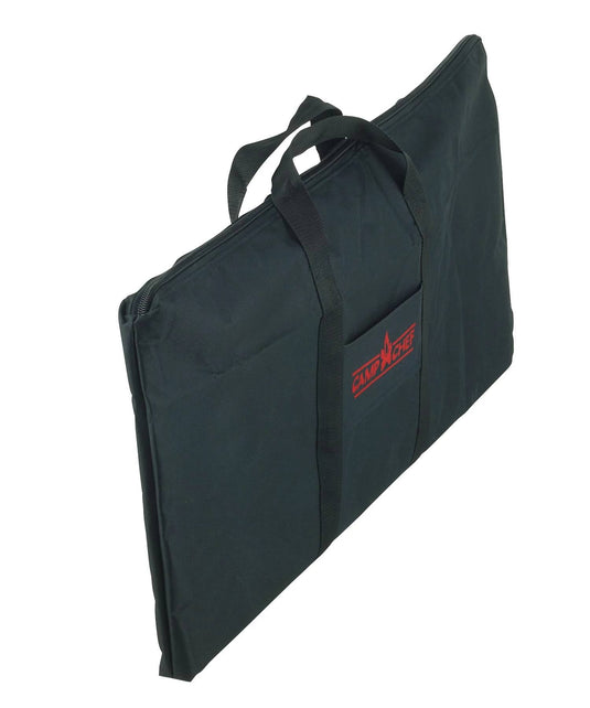 The Camp Chef Griddle Bag 14 - 2 Burner is a black bag with a red logo, featuring an EZ glide zipper for easy access.