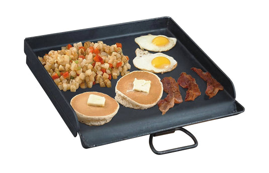 The Camp Chef Griddles 14 easily fits two fried eggs, crispy bacon strips, two buttered pancakes, and a portion of diced potatoes with vegetables.