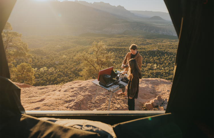 Two people standing on a rocky outcrop with a scenic view of trees and mountains.
