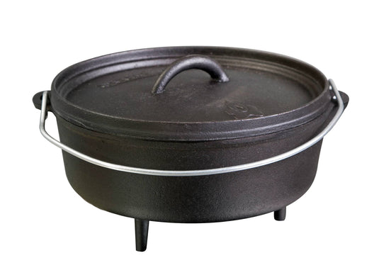 The Camp Chef Classic Dutch Oven is a pre-seasoned black cast iron pot with a lid and handle, supported by three short legs and shown isolated on a white background.