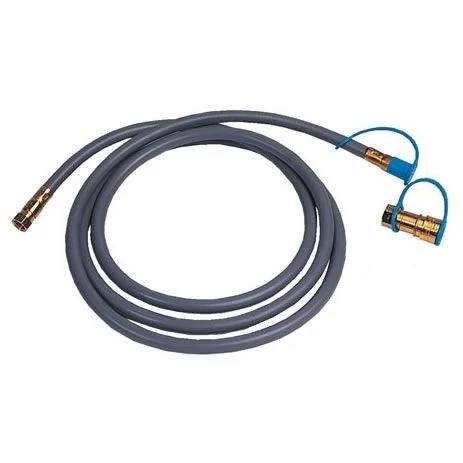 The Camp Chef Natural Gas Connection Kit features a coiled gray hose with brass fittings and blue protective caps, perfect for connecting your natural gas appliances.