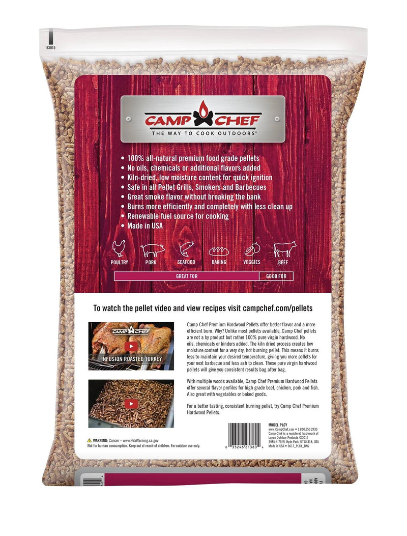 Load image into Gallery viewer, A bag of Camp Chef Hardwood Pellets for grilling and smoking features product details, icons for meat pairings, and cooking info. The packaging displays a wood panel design with the Camp Chef logo at the top.
