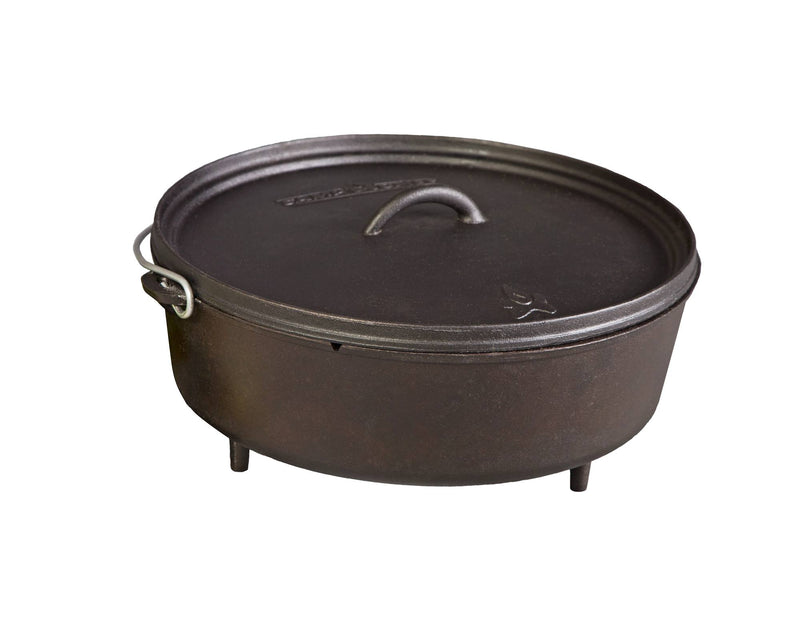 Load image into Gallery viewer, The Camp Chef Classic Dutch Oven is a pre-seasoned black cast iron pot with a lid and three short legs, designed for outdoor or campfire cooking.
