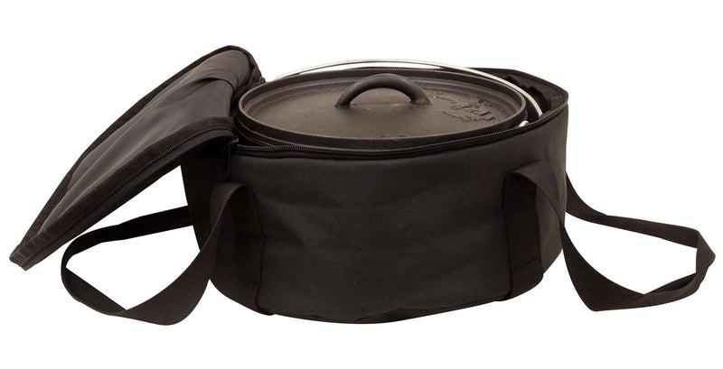 Load image into Gallery viewer, The Camp Chef Dutch Oven Carry Bag features a black design with shoulder straps and secure zipper closure, ideal for storing and transporting your round Dutch oven with lid.
