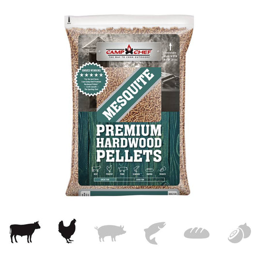 Camp Chef Hardwood Pellets deliver rich smoke flavor in a clear bag with wood-textured label and icons for beef, chicken, pork, and fish—making them perfect for any BBQ or competition blend.