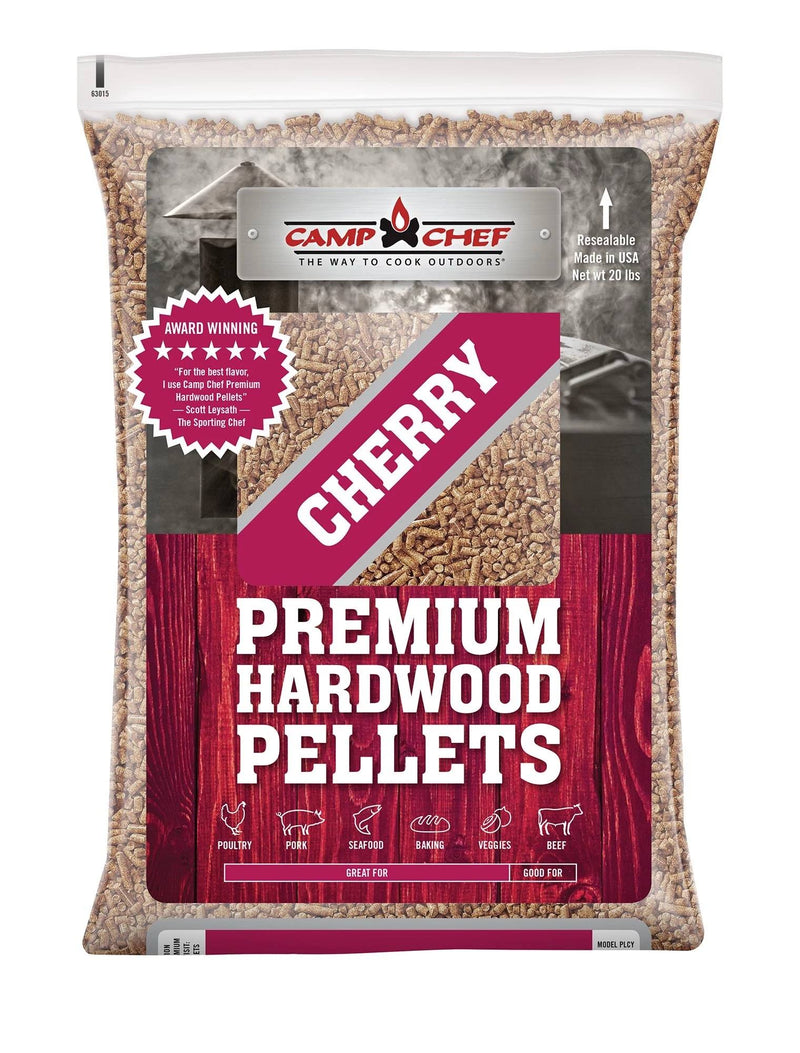 Load image into Gallery viewer, A 20-lb bag of Camp Chef Hardwood Pellets with red and white labeling and a resealable top adds rich smoke flavor to poultry, seafood, baking, veggies, and beef for competition-quality results.
