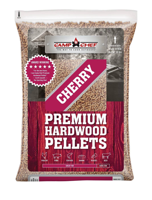 A 20-lb bag of Camp Chef Hardwood Pellets with red and white labeling and a resealable top adds rich smoke flavor to poultry, seafood, baking, veggies, and beef for competition-quality results.