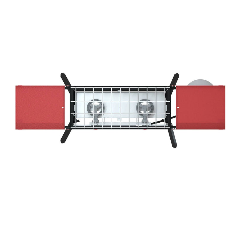 Load image into Gallery viewer, Top view of the Camp Chef PRO 14 portable two-burner gas stove with red side panels, black legs, and a metal grate. Features a right-side circular control knob and showcases the signature Camp Chef cooking system—perfect for outdoor use.
