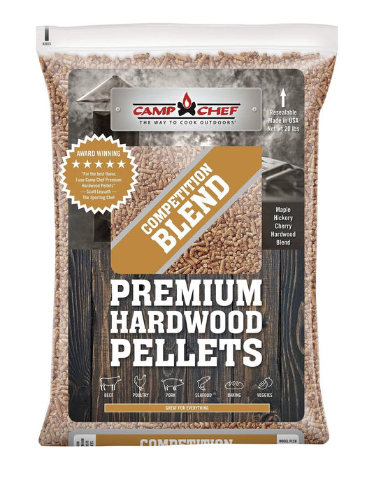 Camp Chef Hardwood Pellets, 20 lbs, blend maple, hickory, and cherry for rich smoke flavor. Award-winning resealable packaging keeps them fresh—ideal for meat, fish, vegetables, and more.