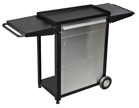 The Camp Chef Patio Cart features a metal build, two side shelves, a handle, two wheels, stainless steel front panel, and a raised-edge top to keep items secure—ideal for your outdoor kitchen.