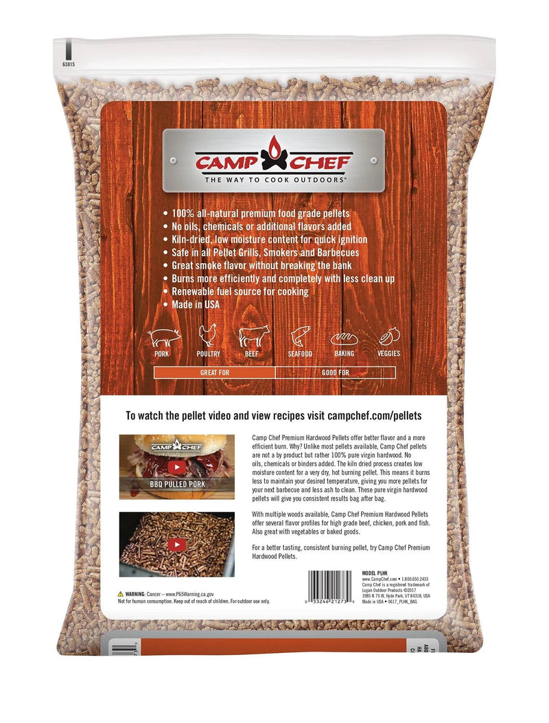 Load image into Gallery viewer, Back view of a Camp Chef Hardwood Pellets bag showing product details and benefits on a wood-patterned background. A clear window at the top displays pellets, ideal for adding rich smoke flavor to your grilling.
