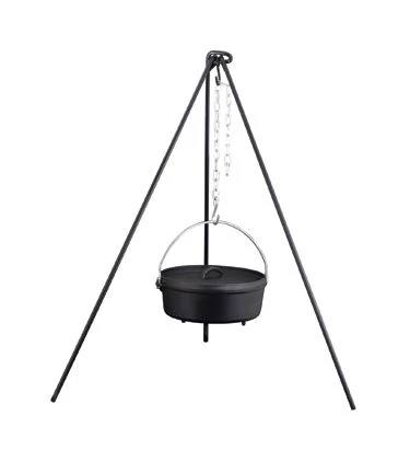 The Camp Chef Dutch Oven Tripod - 50” holds a hanging cast iron pot with lid, suspended by a metal chain—perfect for outdoor cooking or camping.