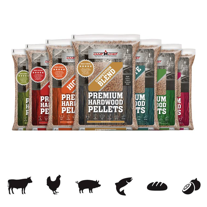 Load image into Gallery viewer, Eight bags of Camp Chef Hardwood Pellets, featuring Mesquite and Competition blends, are displayed. Icons below indicate suitability for cow, chicken, pig, fish, bread, and onion.
