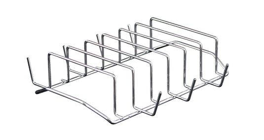 The Camp Chef Rib Rack features four slots, making it ideal for evenly and efficiently cooking ribs in your smoker.