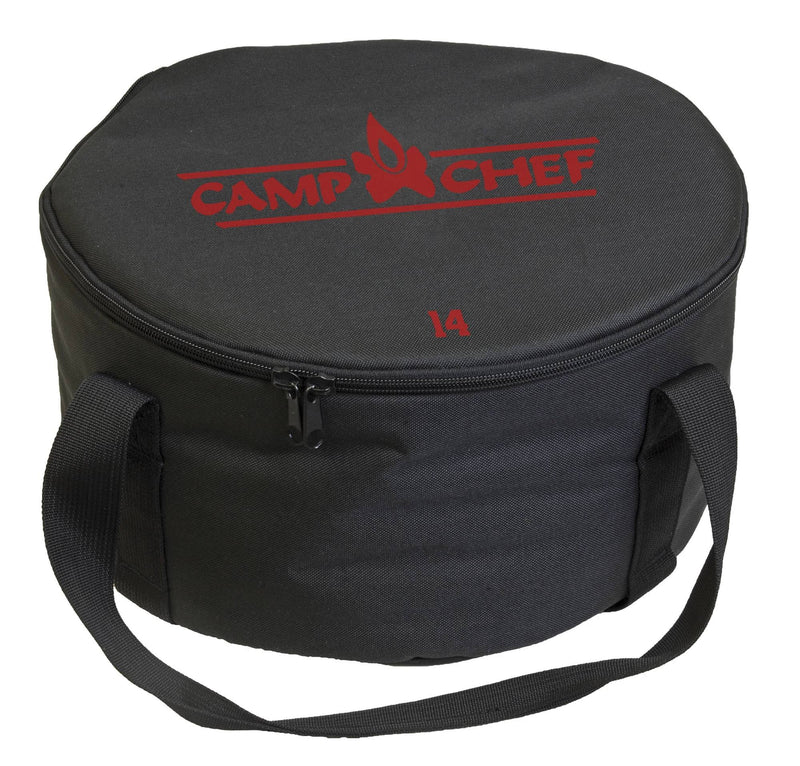 Load image into Gallery viewer, The Camp Chef Dutch Oven Carry Bag is a round, black bag with a zipper, two handles, the red Camp Chef logo, and "14" on top—perfect for convenient Dutch oven storage.
