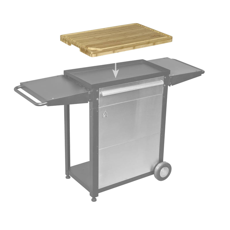Load image into Gallery viewer, A Camp Chef Bamboo Cutting Board with deep grooves hovers above a grayed-out stainless steel outdoor grill cart and side trays, highlighting where the board can be placed.
