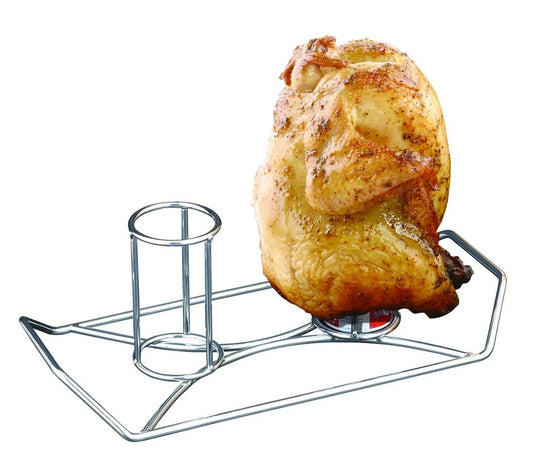 The Camp Chef Beer Can Chicken Holder keeps your whole roasted chicken upright for even cooking—ideal for your next patio grill gathering.
