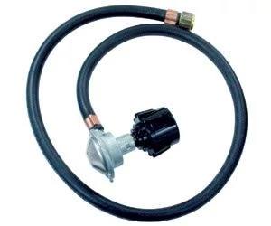 Load image into Gallery viewer, The Camp Chef Regulator Hose Set is a black rubber low-pressure propane hose with metal connectors and a Type 1 connection, ideal for linking tanks to grills or appliances.
