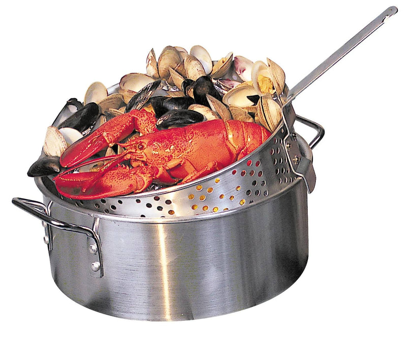 Load image into Gallery viewer, The Camp Chef Aluminum Cooker Pot features a metal handle and includes an aluminum basket filled with cooked lobster, clams, and mussels, all isolated on a white background.
