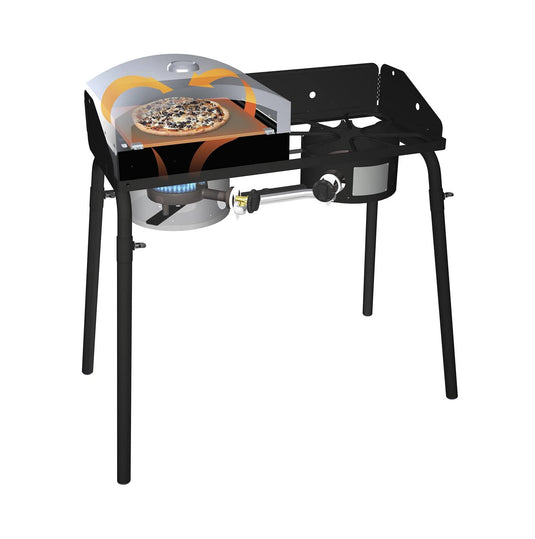 The Camp Chef Artisan Pizza Ovens 14 features a black exterior, ceramic stone, blue flame burner with orange arrows for hot air circulation, four-legged stand, and attached gas regulator for perfect pizzas outdoors.