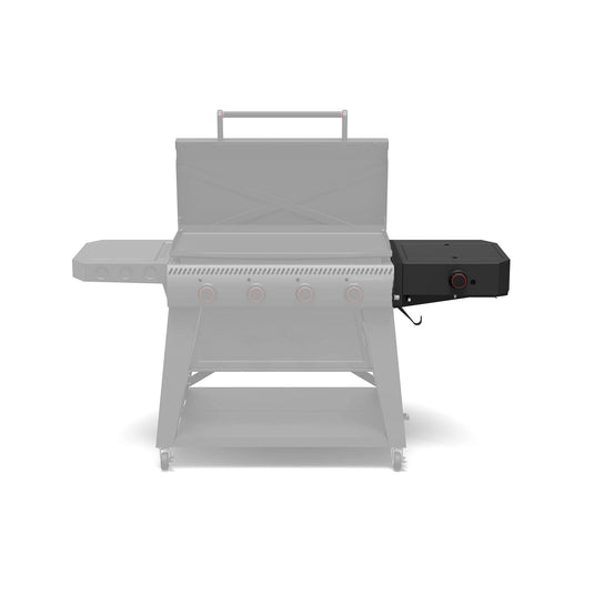 The Camp Chef Gridiron Sidekick is a grey barbecue grill with a black box, featuring a powerful 30,000 BTU burner and Sidekick compatibility for versatile outdoor cooking.