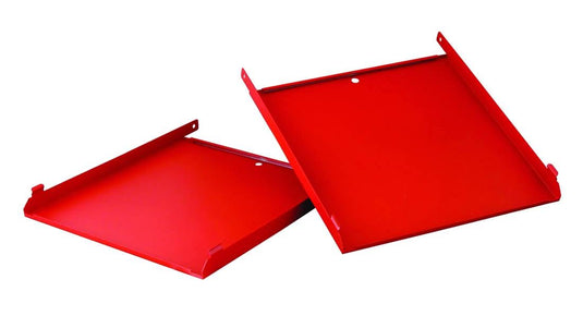The Camp Chef Stove - Side Shelf Set includes two red, rectangular metal trays with raised edges, shown on a white background—one flat and the other propped and overlapping—ideal as side shelves for your outdoor cooking setup.