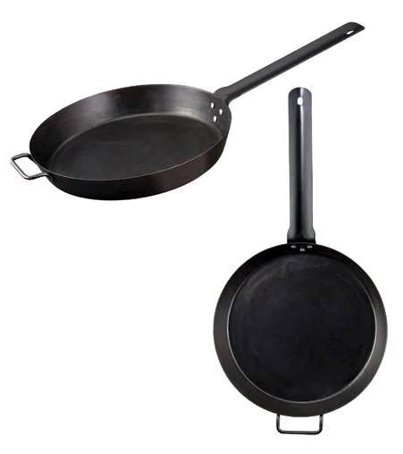Load image into Gallery viewer, Two Camp Chef Lumberjack Skillet - 16” black iron pans with long handles are shown—one angled, one top-down. Both feature an extra small handle opposite the main handle, highlighting their classic design.
