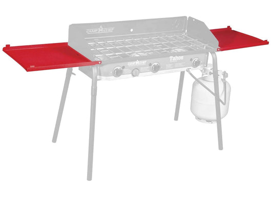 The Camp Chef Stove - Side Shelf Set features three burners, a propane tank beneath, two red side shelves for extra workspace, and a sturdy grey main body—ideal for outdoor cooking adventures.