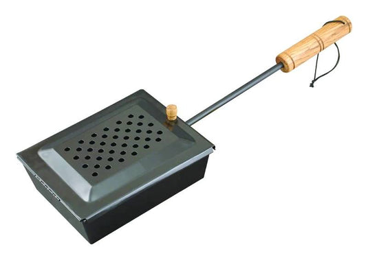 The Camp Chef Popcorn Popper features a metal body, wooden handle, and perforated lid—perfect for making fresh popcorn over a campfire or open flame.