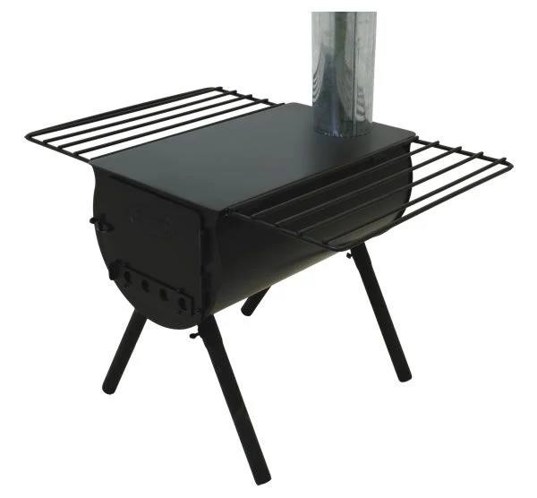 Load image into Gallery viewer, The Camp Chef Alpine Heavy Duty Cylinder System is a black metal wood-burning stove with four angled legs, stovepipe, and two grated side shelves—perfect for wall tent camping or cylinder cooking setups.
