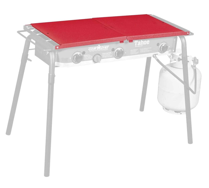 Load image into Gallery viewer, The Camp Chef Stove - Side Shelf Set is a portable outdoor cooking system with three burners, a red griddle, an attached propane tank on the right, and a durable gray frame and legs for versatile meal prep anywhere.
