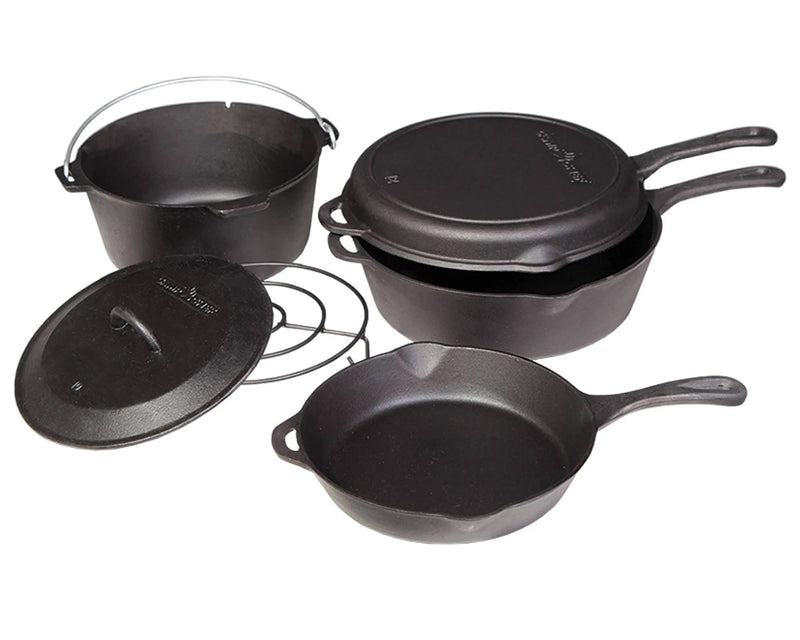 Load image into Gallery viewer, The Camp Chef 6-Piece Cast Iron Set includes two handled skillets, a handled Dutch oven, a lid, and a round trivet—all crafted from seasoned cast iron and shown on a white background.
