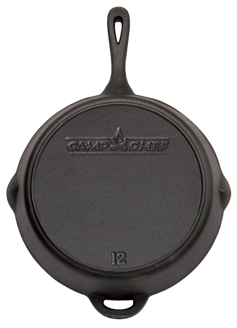 Load image into Gallery viewer, The Camp Chef Cast Iron Skillets feature a handle and display the brand logo plus the number 12 embossed on their base, as seen from the bottom.
