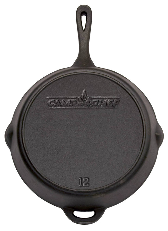 The Camp Chef Cast Iron Skillets feature a handle and display the brand logo plus the number 12 embossed on their base, as seen from the bottom.