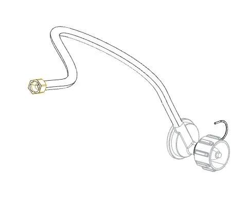 Load image into Gallery viewer, A technical line drawing of the Camp Chef Regulator Hose Set, showing a flexible hose with a hexagonal connector on one end and a Type 1 regulator with a large knob on the other.
