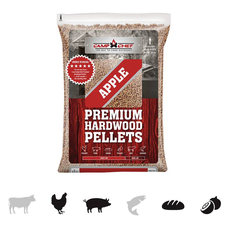 Load image into Gallery viewer, A bag of Camp Chef Hardwood Pellets features bold red and white labeling, icons for beef, poultry, pork, fish, bread, and vegetables along the bottom, and delivers rich smoke flavor ideal for your favorite dishes.
