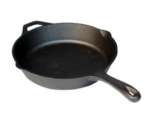 The Camp Chef Cast Iron Skillet features a long handle and a small helper handle on the opposite side, shown against a white background.