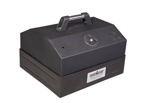 The Camp Chef BBQ Grill Box - 1 Burner features a rectangular base, metal lid handle, adjustable air vent, and front label—ideal for outdoor cooking or as an accessory to your Camp Chef Cooking Systems.